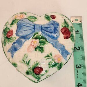 Vintage Halden Group 1987 Heart-Shaped Ceramic Trinket Box Blue Ribbon Floral
